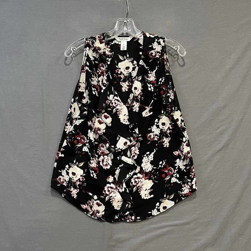 White House Black Market Shirt Women's M Black Floral Ruffle Sleeveless Blouse